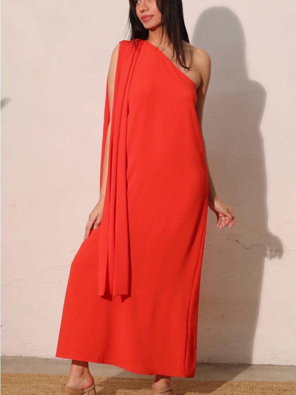 Tyche One-Shoulder Coral Orange Maxi Dress